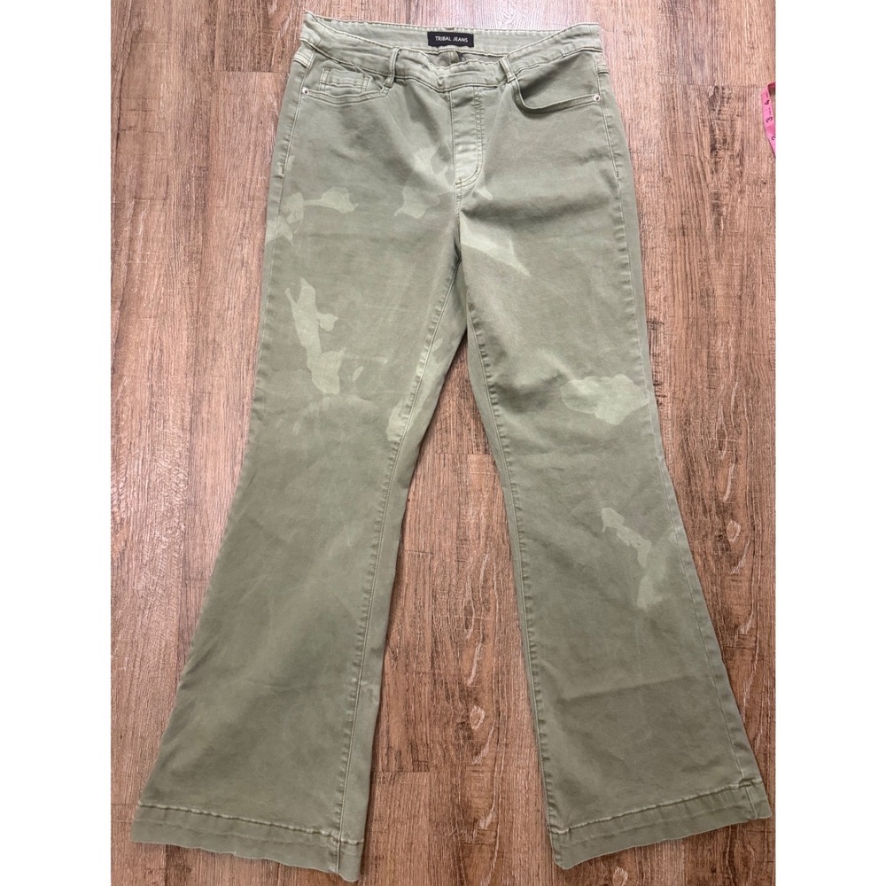Tribal Jeans Womens 12 Green Camo Print High Rise Flare Leg Stretch Pants 5562T